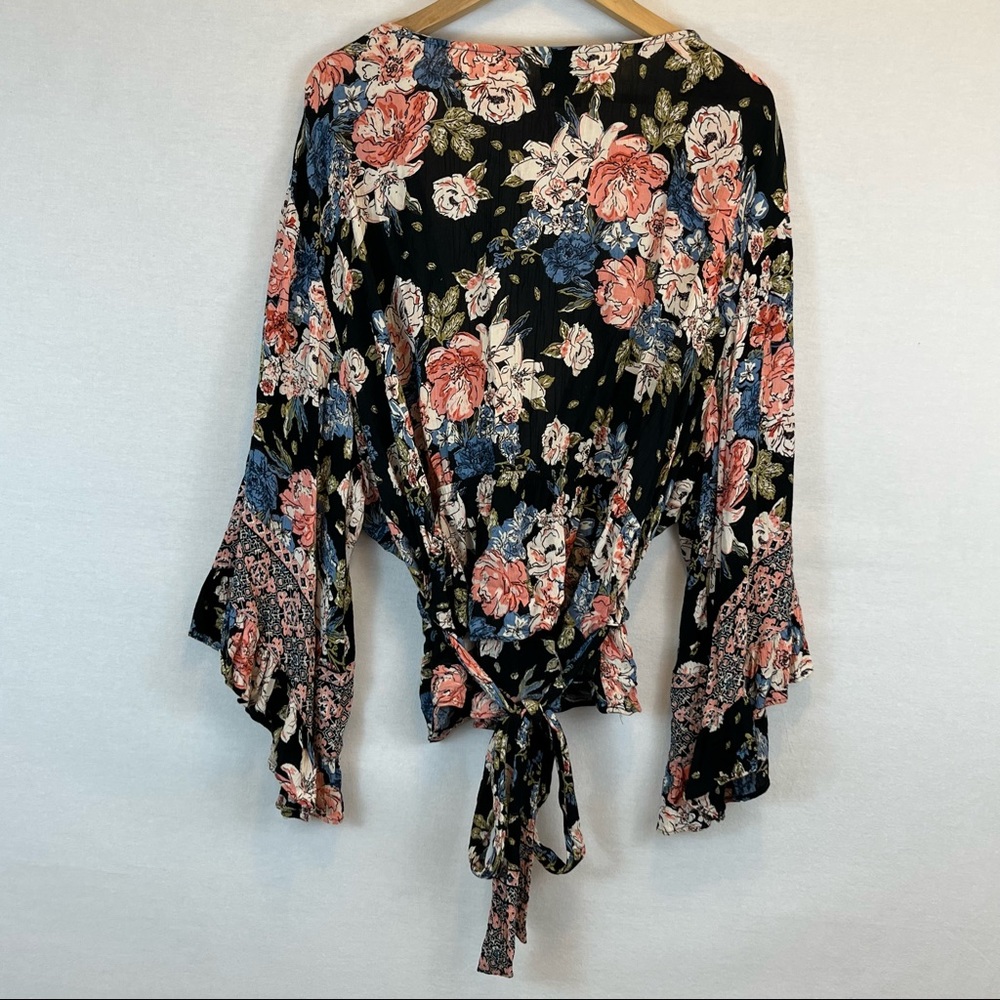 ANGIE | Long Sleeve Surplice Floral Printed Tie Woven Top Womens Plus Size 3XL - Picture 4 of 5